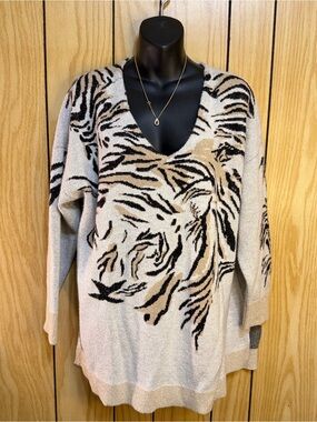 Chico's Beige Black Brown Animal-Print V-Neck Sweater